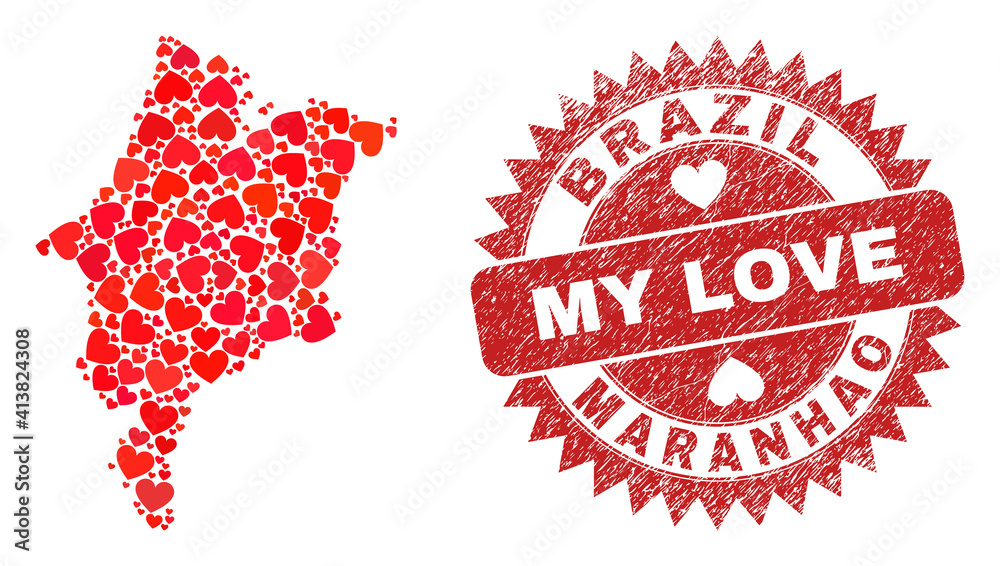 Vector collage Maranhao State map of lovely heart items and grunge My Love seal. Collage geographic Maranhao State map created with lovely hearts.