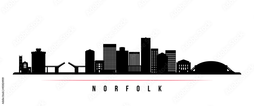 Norfolk skyline horizontal banner. Black and white silhouette of Norfolk, Virginia. Vector template for your design.