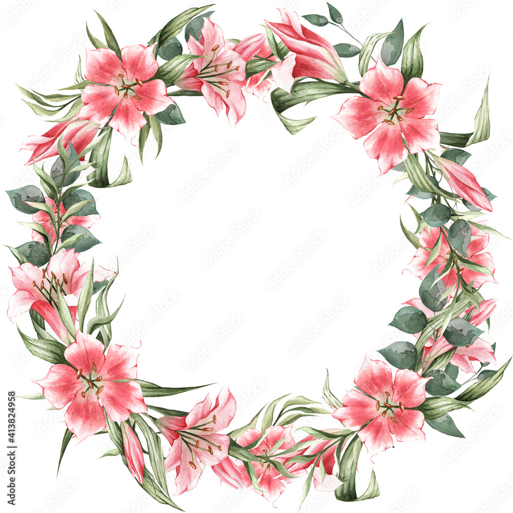 Round vignette of pink lilies and green leaves Delicate floral illustration hand-drawn in watercolor. Great for brochures, wallpapers, prints, brochures, cards, decor, designs, and more