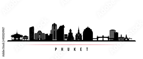 Phuket skyline horizontal banner. Black and white silhouette of Phuket, Thailand. Vector template for your design.