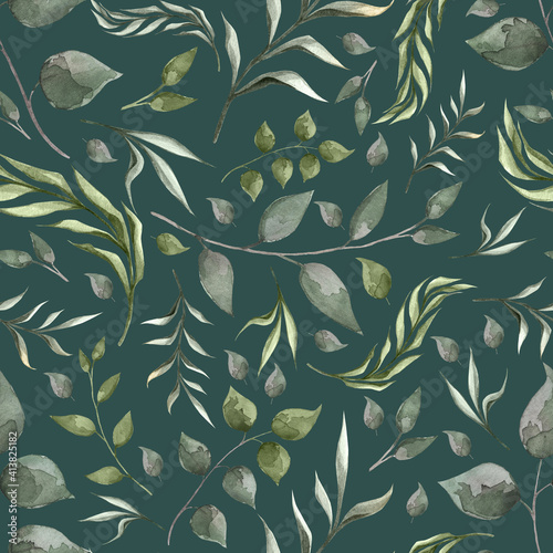 Spring pattern with green leaves on an emerald background. Hand drawn watercolor pattern. Great for apparel, fabric, textile, wallpaper, decor, invitation cards, and more