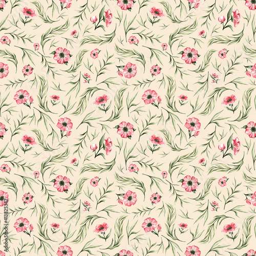 Hand drawn watercolor pattern. Spring pattern with green leaves and pink flowers on a beige background. Great for apparel, fabric, textile, wallpaper, decor, invitation cards, and more