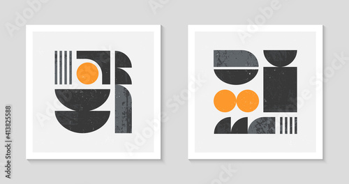 Set of abstract bauhaus geometric pattern backgrounds.Trendy minimalist geometric design with simple shapes and elements.Mid century modern artistic vector illustration.Futuristic wall art decor.