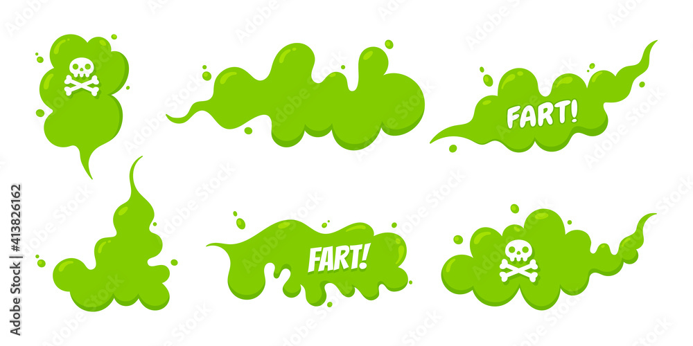 Smelling green cartoon fart cloud flat style design vector illustration with text fart set. Bad stink or toxic aroma cartoon smoke cloud isolated on white background.