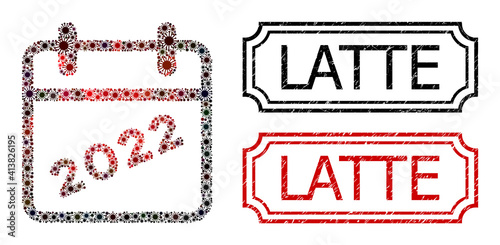 Mosaic 2022 calendar page organized from SARS virus elements, and grunge Latte rectangle badges with notches.