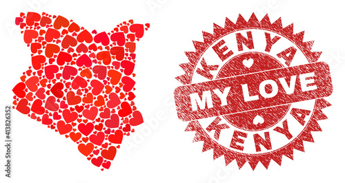 Vector collage Kenya map of love heart items and grunge My Love stamp. Collage geographic Kenya map constructed using valentine hearts.