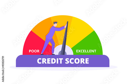 Man pushes credit score arrow gauge speedometer indicator with color levels. Measurement from poor to excellent rating for credit or mortgage loans concept flat style design vector illustration.