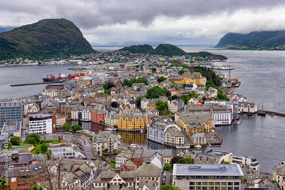 Aerial view of Alesund town, Norway. Alesund is part of the traditional district of Sunnmore and is a sea port, noted for its unique concentration of Art Nouveau architecture