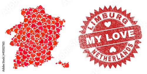 Vector collage Limburg Province map of lovely heart elements and grunge My Love seal. Collage geographic Limburg Province map created using love hearts.