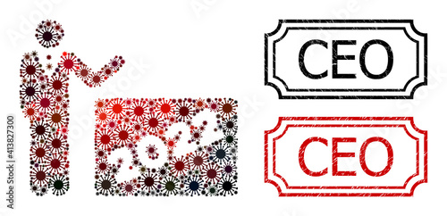 Mosaic 2022 showing man organized from SARS virus items, and grunge Ceo rectangle seals with notches.