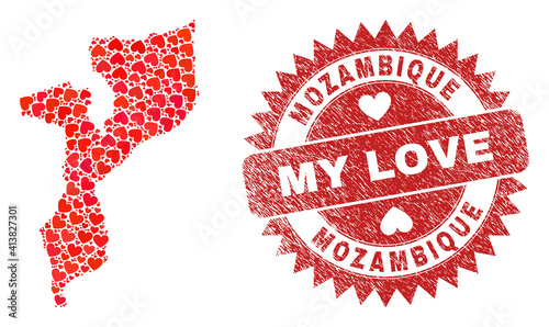 Vector collage Mozambique map of lovely heart elements and grunge My Love stamp. Collage geographic Mozambique map designed using love hearts.