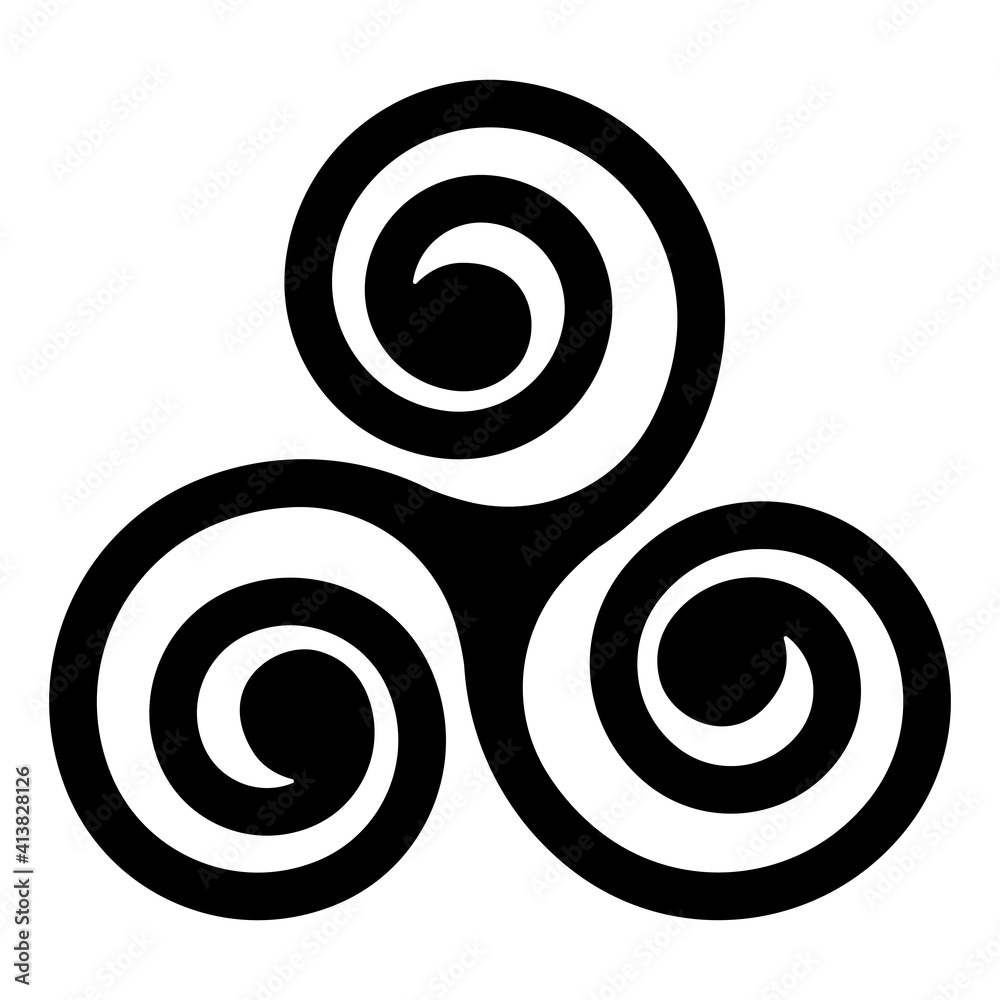 black Celtic triskelion spirals over the white one. Triple helix with two, three turns. Motifs twisted and connected spirals, showing rotational symmetry