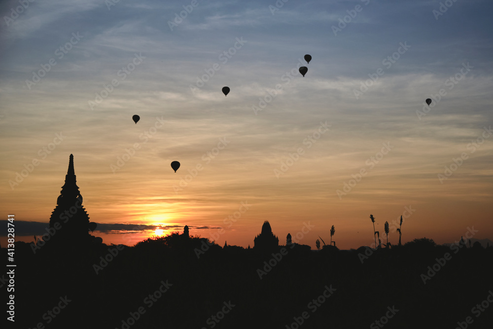 Hot Air Balloons During Sunrise Over The Temples in Bagan, Myanmar Hot Air Balloons During Sunrise Over The Temples in Bagan, Myanmar