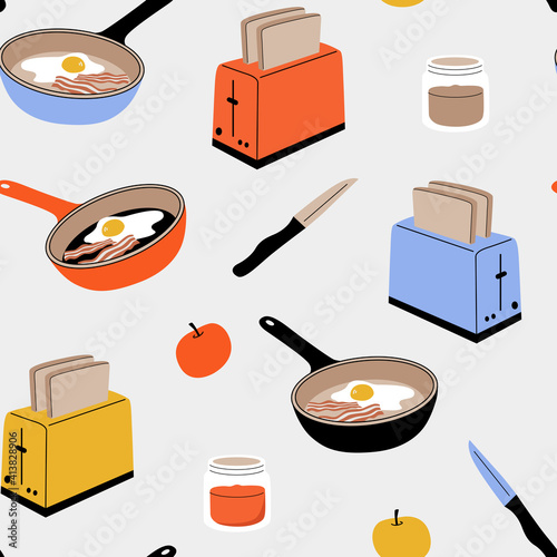 Vector seamless pattern with kitchen tools: toaster with slices of bread, apple, jam jar, knife, a frying pan with eggs and bacon. Concept of breakfast. Cartoon flat illustration