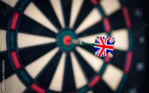 Dart with the UK flag on the bullseye. Success and accuracy concept