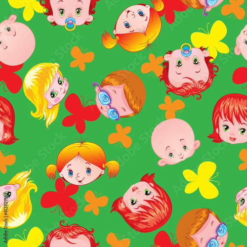 green pattern with children and flowers, emotions, vector illustration,