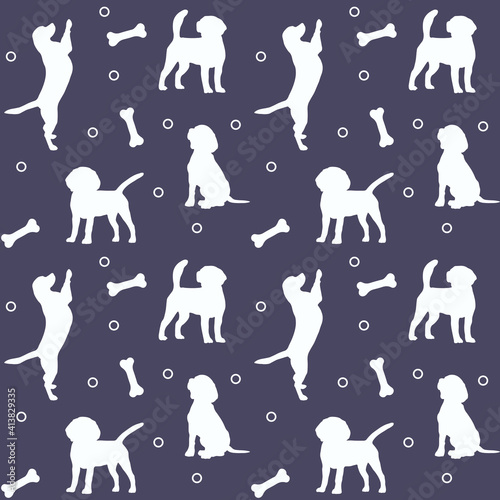 Seamless colorful pattern with dogs and bones. Background for pet shop, veterinary clinic, pet store, zoo, shelter. Flat style design, vector illustration.