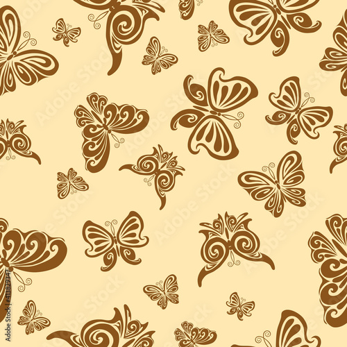 pattern in brown colors with stylized butterflies, vector illustration,