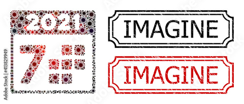 Collage 2021 year 7 days composed of SARS virus items, and grunge Imagine rectangle seals with notches.