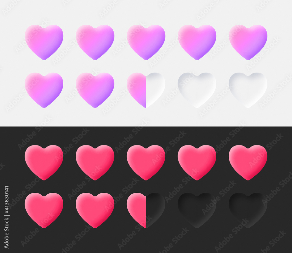 Hearts Rating Icons Set 3D Vector Neumorphic Light And Dark Style Material Design Elements On White And Black Background. Neumorphism UI UX Life Health Bar Rating Scale System In Different Variations