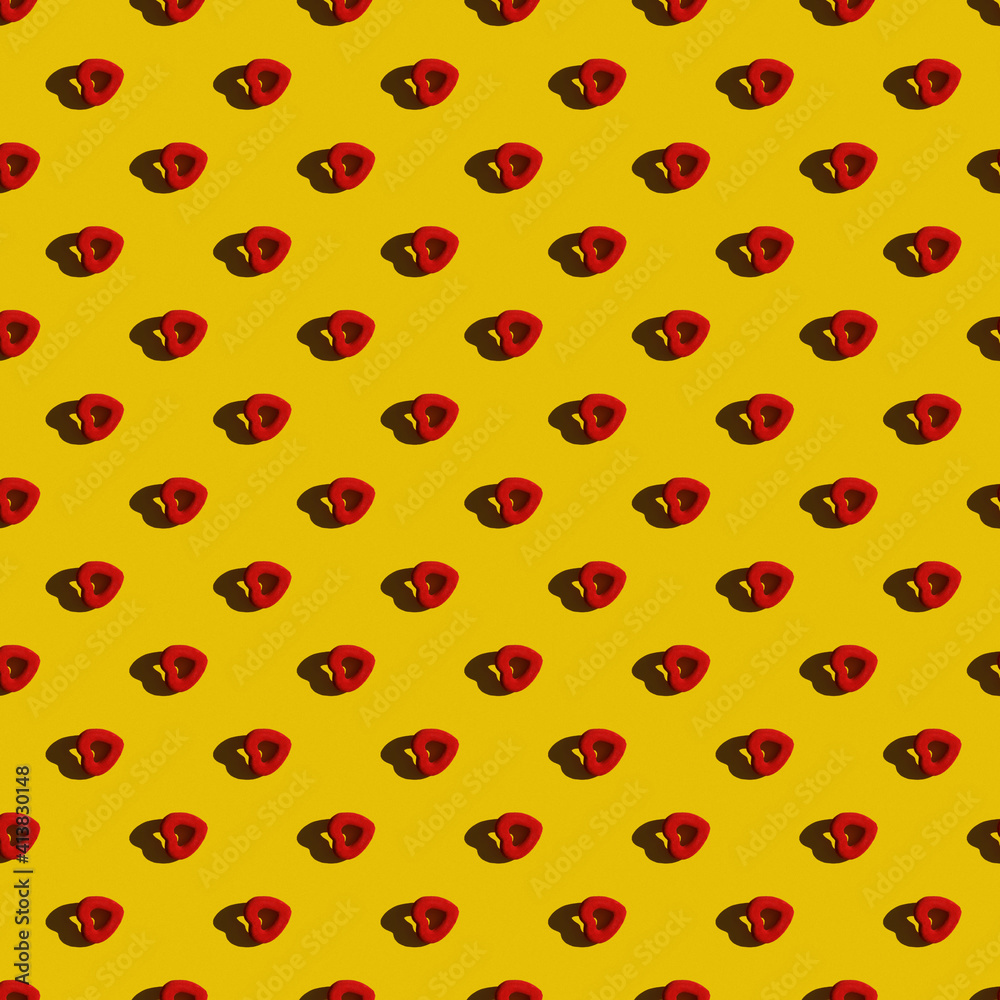 Template. Red heart in a row diagonally on a yellow background Template. Red heart in a row diagonally on a yellow background