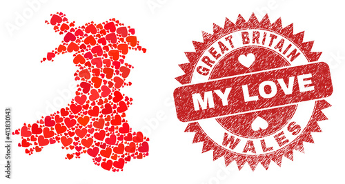Vector mosaic Wales map of valentine heart elements and grunge My Love stamp. Mosaic geographic Wales map designed using valentine hearts.