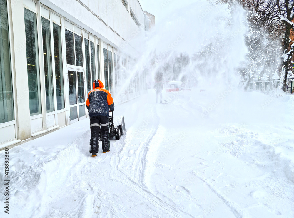  Snow cleaning with wipers. Snow removal machine.