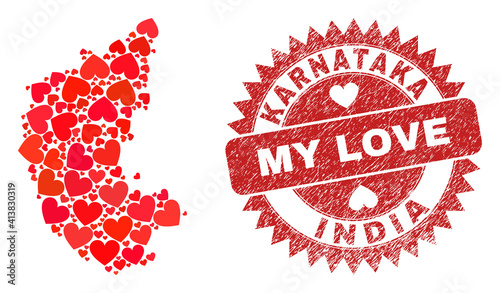 Vector mosaic Karnataka State map of lovely heart items and grunge My Love stamp. Mosaic geographic Karnataka State map designed using love hearts.