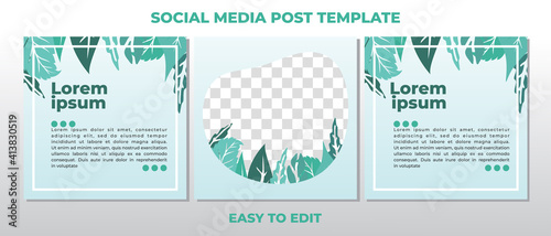 Background template with copy space for text and images with floral and leaves vector illustration. Editable square social media posts templates set.