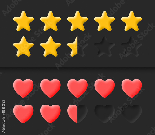 3D Vector Neumorphic Game UI Elements Stars Achievement Rank Scale And Life Health Bar Rating System On Dark Gray Background. Neumorphism Style Material Game Design User Interface Elements Set