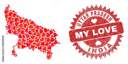Vector collage Uttar Pradesh State map of lovely heart elements and grunge My Love stamp. Collage geographic Uttar Pradesh State map designed with lovely hearts.
