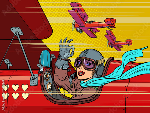Beautiful woman pilot in love plane. Valentines Day
