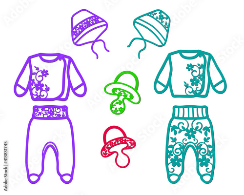 Openwork stencils for cutting children's clothing, trousers, blouses, hats, pacifiers