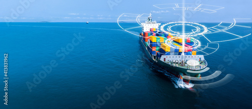 Aerial in front of cargo ship with smart circle line technology and WIFI technology , large ship carrying container and running for export  goods  from  cargo yard port to custom .webinar banner