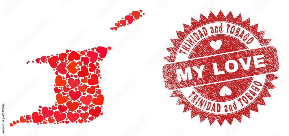Vector collage Trinidad and Tobago map of valentine heart items and grunge My Love seal. Collage geographic Trinidad and Tobago map designed with valentine hearts. Vector collage Trinidad and Tobago map of valentine heart items and grunge My Love seal. Collage geographic Trinidad and Tobago map designed with valentine hearts.