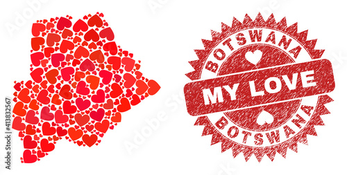 Vector collage Botswana map of love heart elements and grunge My Love seal. Collage geographic Botswana map constructed using love hearts.