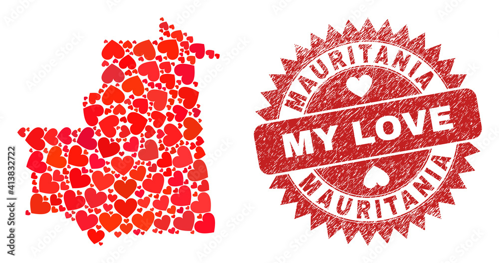 Vector mosaic Mauritania map of love heart elements and grunge My Love stamp. Mosaic geographic Mauritania map created with valentine hearts. Vector mosaic Mauritania map of love heart elements and grunge My Love stamp. Mosaic geographic Mauritania map created with valentine hearts.