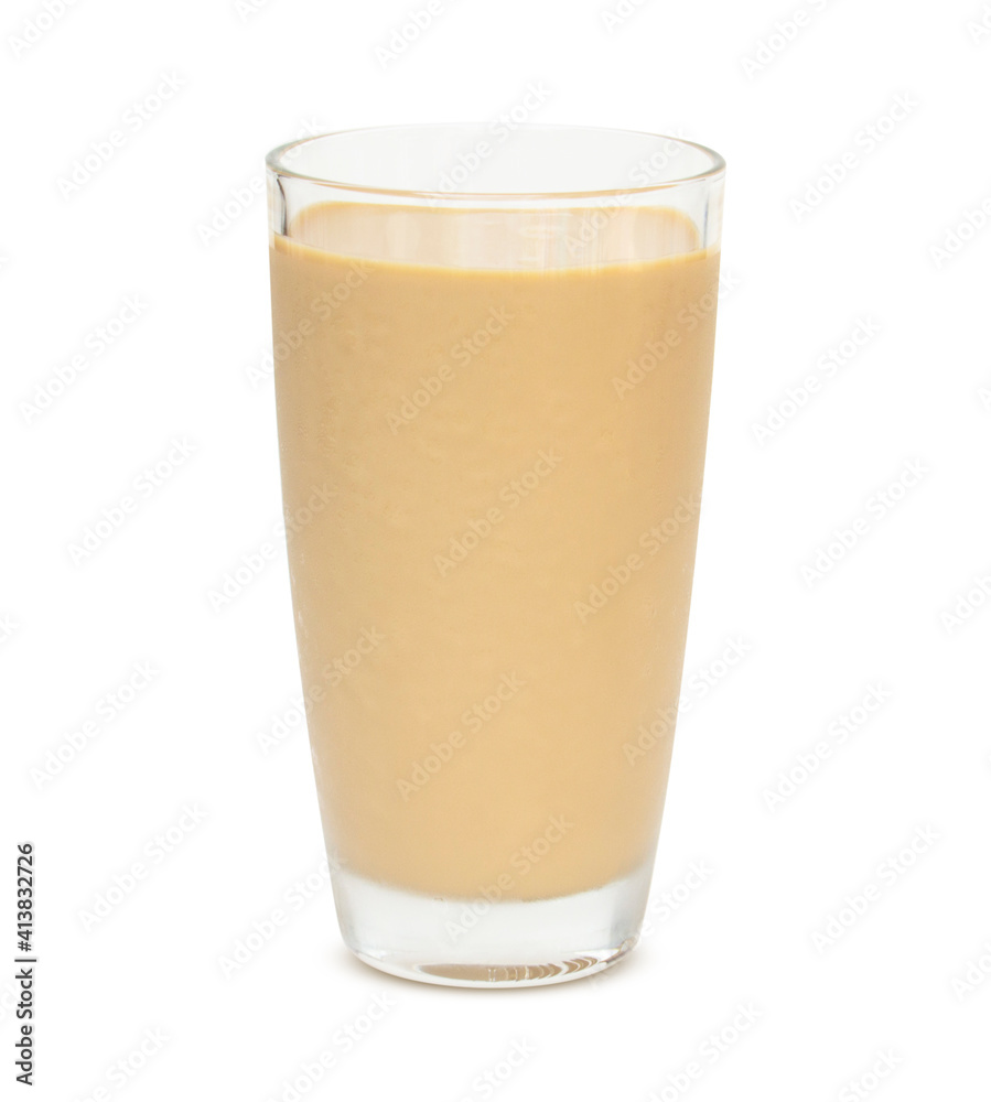 Coffee flavored milk collection in a glass isolated on a white background Coffee flavored milk collection in a glass isolated on a white background