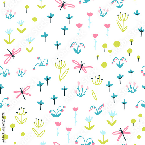 Dragonflies, Herbs and flowers nursery seamless pattern. Summer colorful doodle illustration in simple hand drawn scandinavian style. Vector sketch on a white background ideal for baby textiles