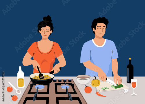 Vector couple cooking togeater. Cartoon woman roasts potatoes on the stove, man cutting  vegetables. People preparing healthy food on kitchen at home.