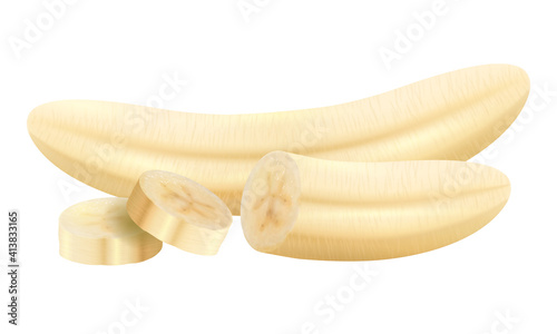Banana, peeled banana, half peeled banana isolated on white background. Vector realistic illustration.