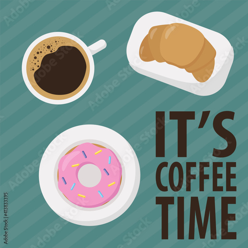 Minimal Flat Design Poster Coffee Cup, croissant, doughnut and it's coffee time Text. Top View Espresso cup. Vector llustration. Design for cafe menu, banner