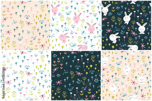 Rabbits seamless pattern set. Cute characters with flowers and dragonflies. Baby cartoon vector in simple hand-drawn Scandinavian style. Nursery illustration Ideal for baby textiles, fabrics.