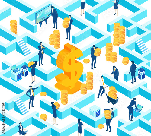 Isometric 3D labyrinth business environment. Business management. Isometric office space,  business people, bankers working with golden coins and dollar sign. Saving, earnings, investment strategy