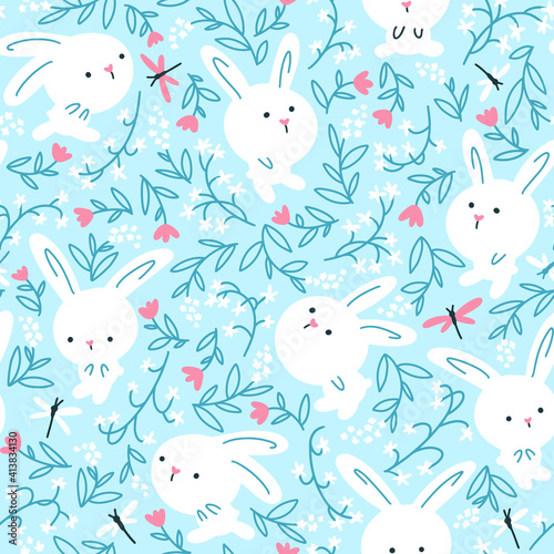 White rabbits in summer flowers and grasses with dragonflies seamless pattern. Cute characters. Baby cartoon vector in simple hand-drawn Scandinavian style. Nursery illustration on blue background.
