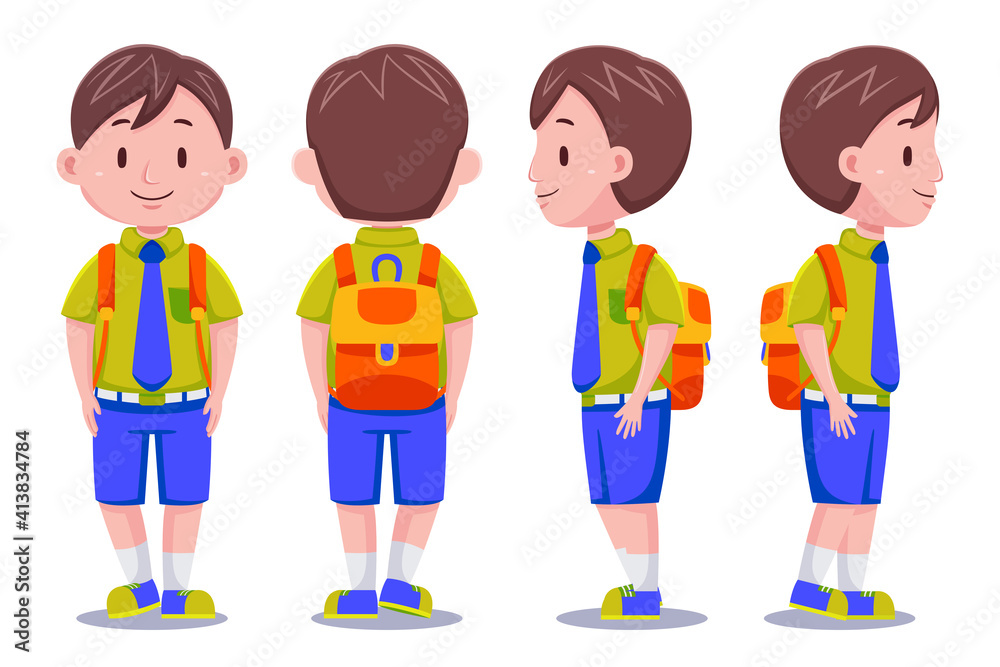 Cute kids boy student wearing uniform in different poses.