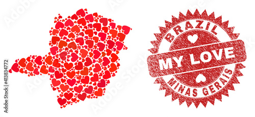 Vector collage Minas Gerais State map of lovely heart items and grunge My Love seal stamp. Collage geographic Minas Gerais State map created with valentine hearts.
