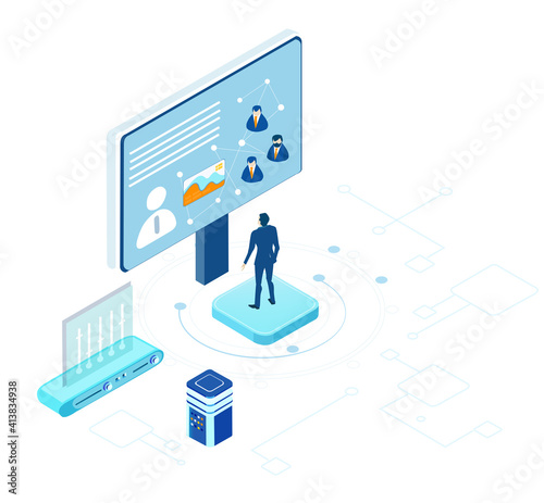 Isometric 3D Internet datacenter, server room, web administrator hosting concept  with business people. Technology, success, internet, data protection and personal security infographic illustration