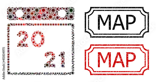 Mosaic 2021 calendar composed of flu virus items, and grunge Map rectangle badges with notches. Vector pathogen items are composed into abstract mosaic 2021 calendar icon with red - black gradient.