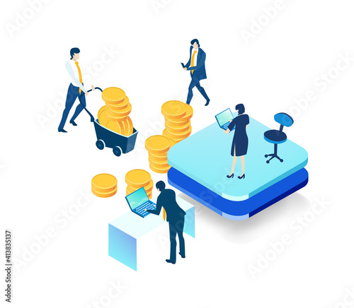 Isometric 3D business environment. Business management. Isometric office space,  business people, bankers working with golden coins. Saving, earnings, investment strategy © IRStone